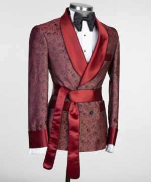 Red black belt breasted suit for men