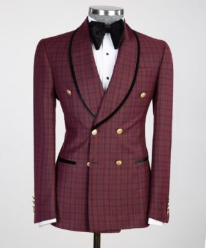 Red black belt breasted suit for men