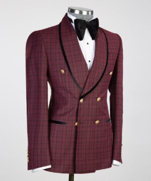 Red black belt breasted suit for men